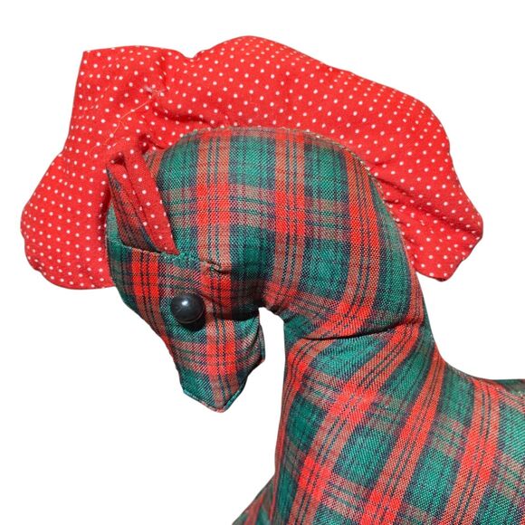 Vintage Handmade Red Green Plaid Rocking Horse Plush Christmas Holiday Stuffed - Picture 4 of 12